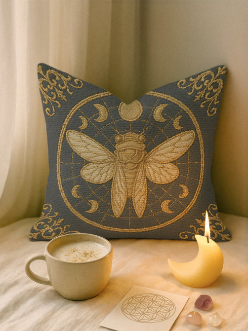 A square woven tapestry pillow in charcoal grey and metallic gold thread, exuding a premium, artisan quality. The central design features a large, detailed cicada, a key motif in entomology decor, encircled by celestial moon phases. This blend of mystical and dark botanical elements is ideal for Whimsigoth, Gothic, and Dark Academia aesthetics. Ornate Victorian flourishes in the corners complete this luxurious, double-sided piece of functional art, perfect as a statement pillow.